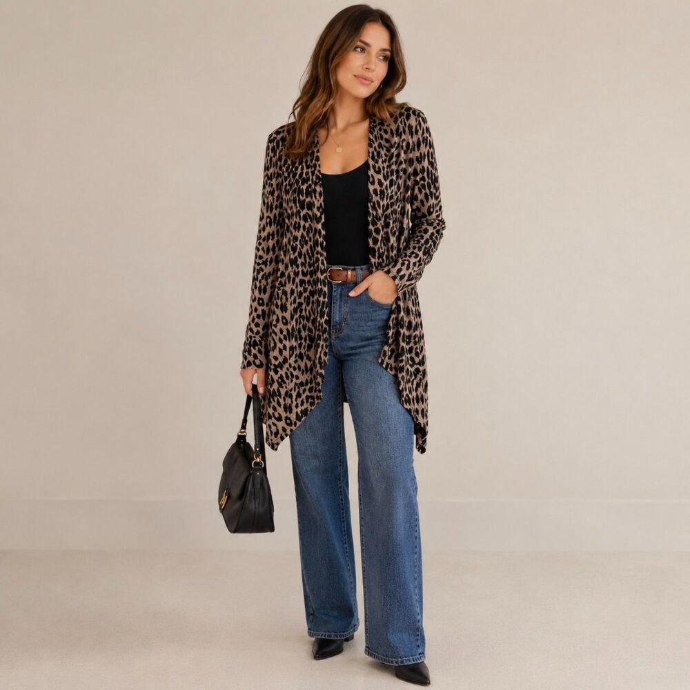 Liv Los Angeles Animal Print Open Front Drape Cardigan Sweater Sz M Office Chic
